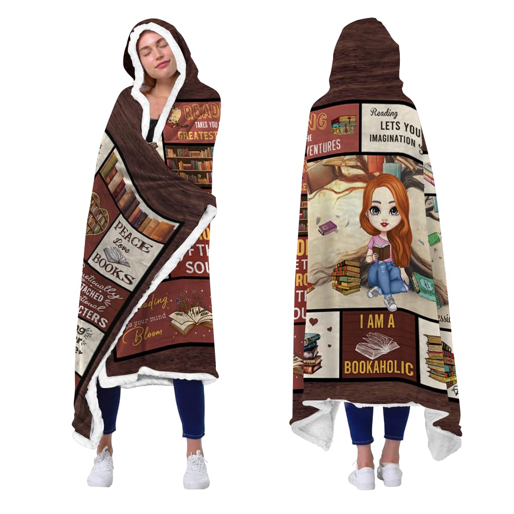 Personalized Just A Girl Who Loves Books Hooded Blanket - Wearable Reading Blanket For Book Lovers - Gift For Daughter, Sister, Women