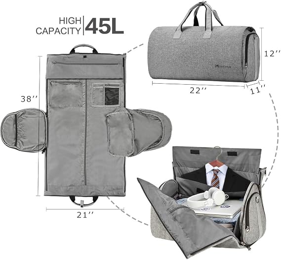 Modoker Convertible Garment Bag with Shoulder Strap, Carry on Garment Duffel Bag for Men Women - 2 in 1 Hanging Suitcase Suit Travel Bags, Grey