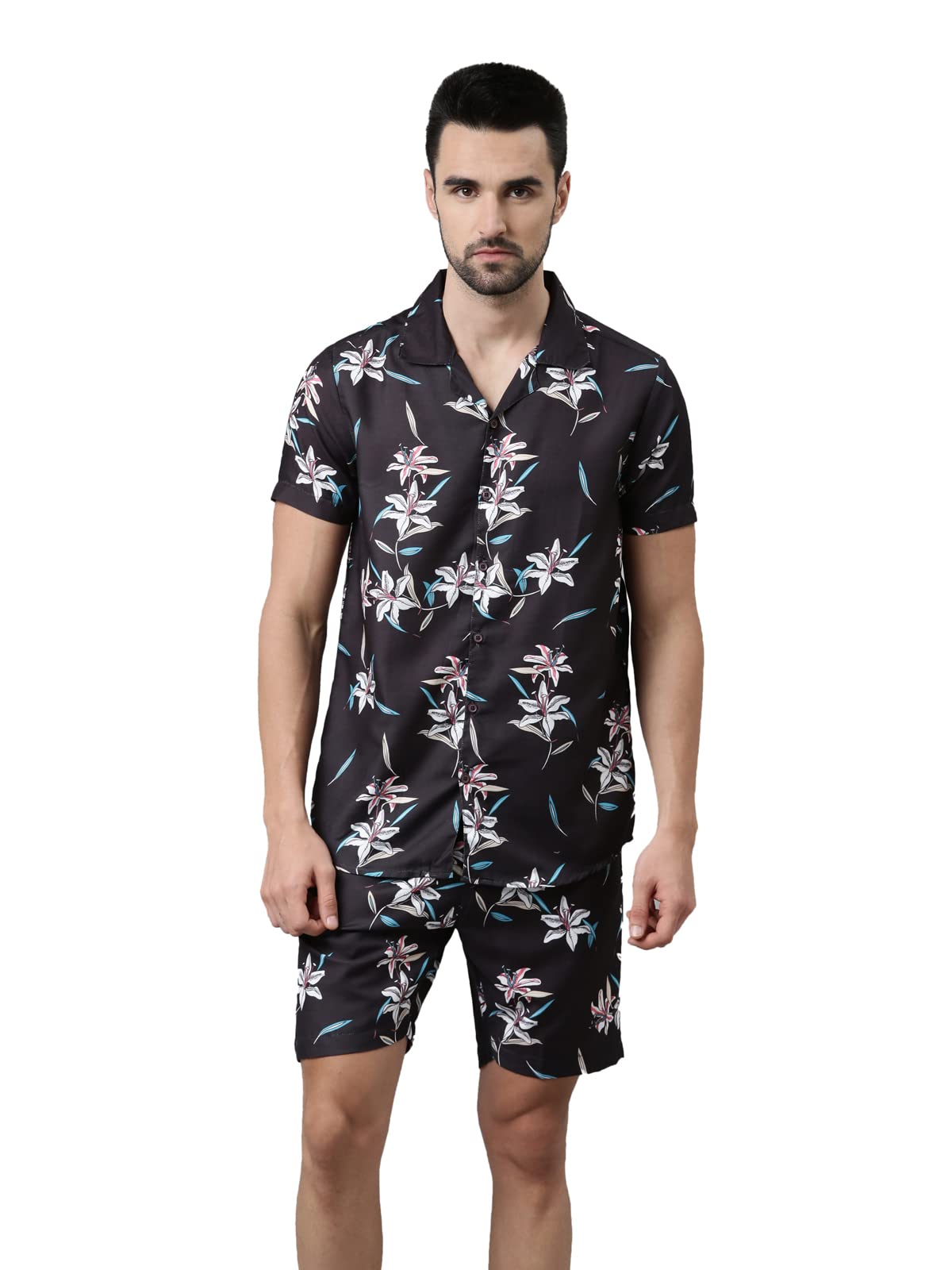 bushirt Men's Black Rayon All-Over Printed Pajama Set, Short Sleeves Button Front Night Suit, Relaxed Fit Co-Ords with Chinese Collar & Elastic Waist Pajamas, Stylish & Comfortable Sleepwear - M-picture-27