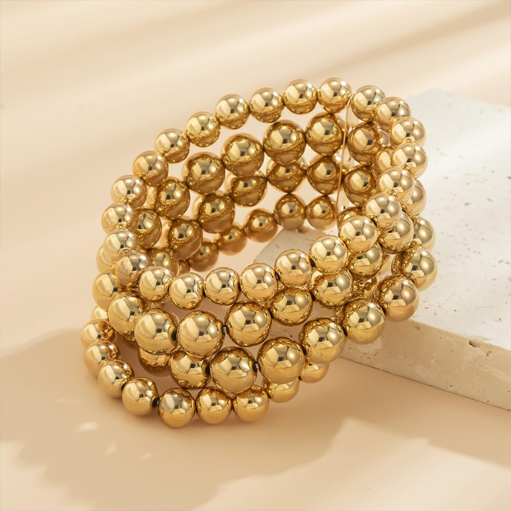 Gold Stack Beaded Bracelets for Women Vintage High Polished Stretch Small Bead Stackable Bracelet Fashion Elastic Round Balls Chunky Statement Jewelry - Image 6