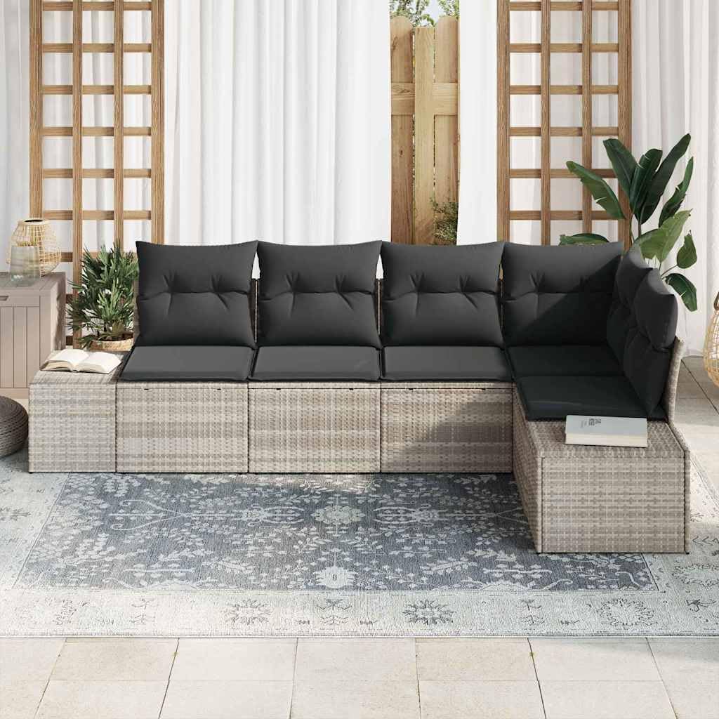 Conjunto jardín sofá Modular ratán sintético Gris Claro 5 Asientos para terraza Patio balcón con Cojines y diseño Resistente para Ocio y reunión Exterior