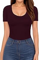 Vista 58 de MANGOPOP Long Short Sleeve Bodysuits for Women Scoop Neck Ribbed Body Suit Stretchy Basic T Shirt Tops