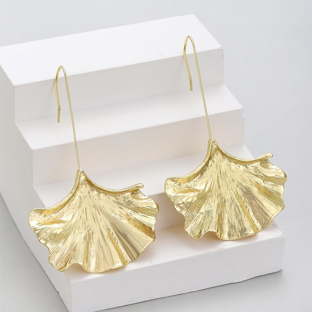 Vintage Gold Ginkgo Leaf Dangle Earrings Statement for Women, Boho Big Silver Leaves Drop Ear Hook Earring Long Line Hanging Trendy Party Jewelry Gift - Image 4