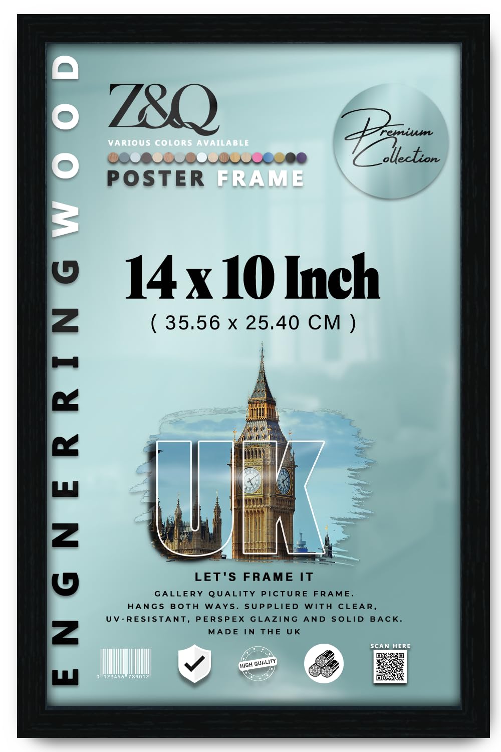 Z&Q Magnificent Rectangle 14 X 10 Inch Picture Frame Engineered Wood Polished Perspex 35.56 X 25.40 CM Wall Hanging Options For Art Galleries And Home Display In Black Finish With Secure Mounting