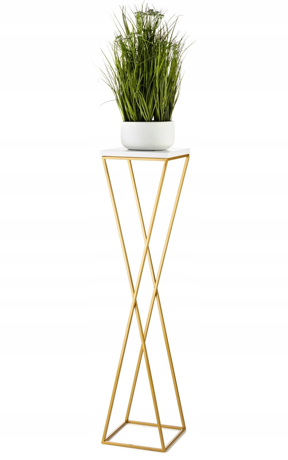Support pour plantes en métal de 100 cm de haut - Support de fleurs stable et solide avec plateau en MDF blanc sur support doré - Support pour fleurs à décorer les intérieurs