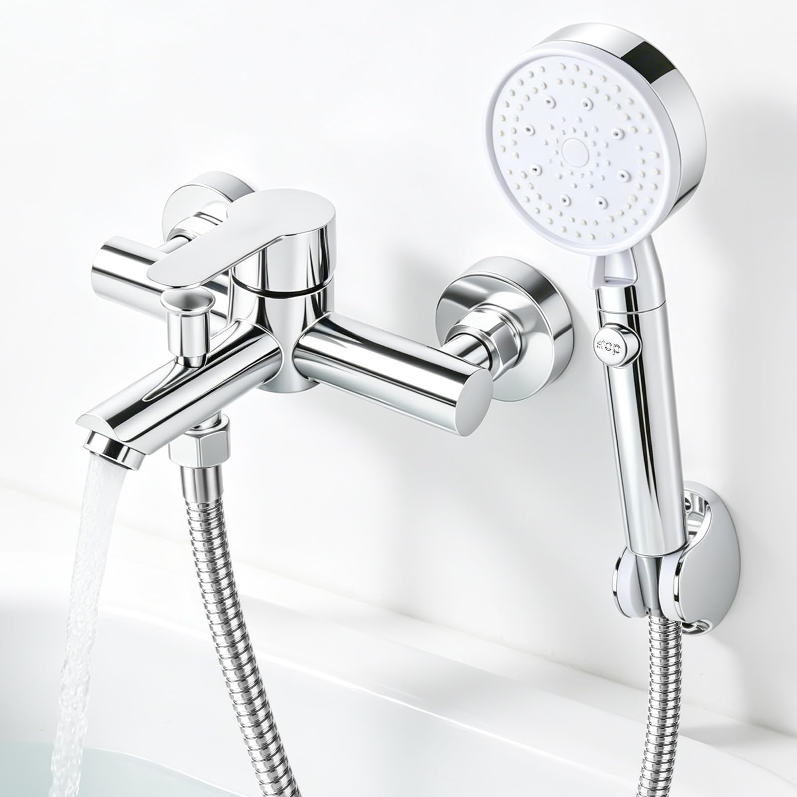 Badewannenarmatur mit Handbrause Wasserhahn Badewanne inkl. Brauseschlauch und Halterung Mischbatterie Badewanne Wandmontage für Bad Chrom