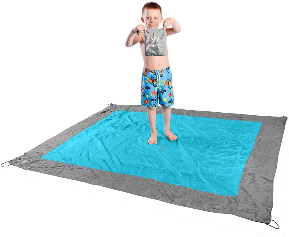 Sand Repellant Lightweight Compact Beach Blanket/Large, Quick Drying, Sand and Water Resistant/with: Sand Pockets, 4 Plastic Stakes and Carry Bag. Color: Blue-Grey