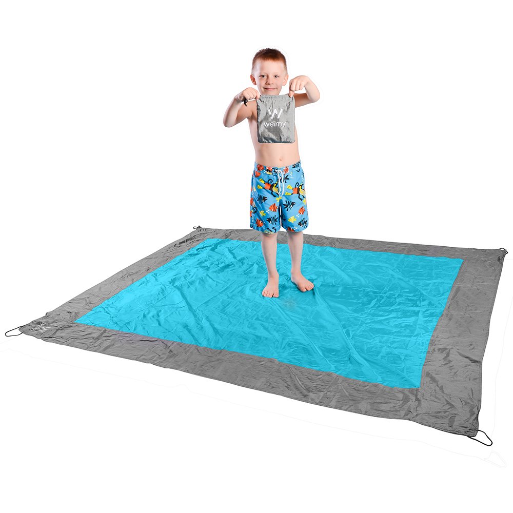 Sand Repellant Lightweight Compact Beach Blanket/Large, Quick Drying, Sand and Water Resistant/with: Sand Pockets, 4 Plastic Stakes and Carry Bag. Color: Blue-Grey
