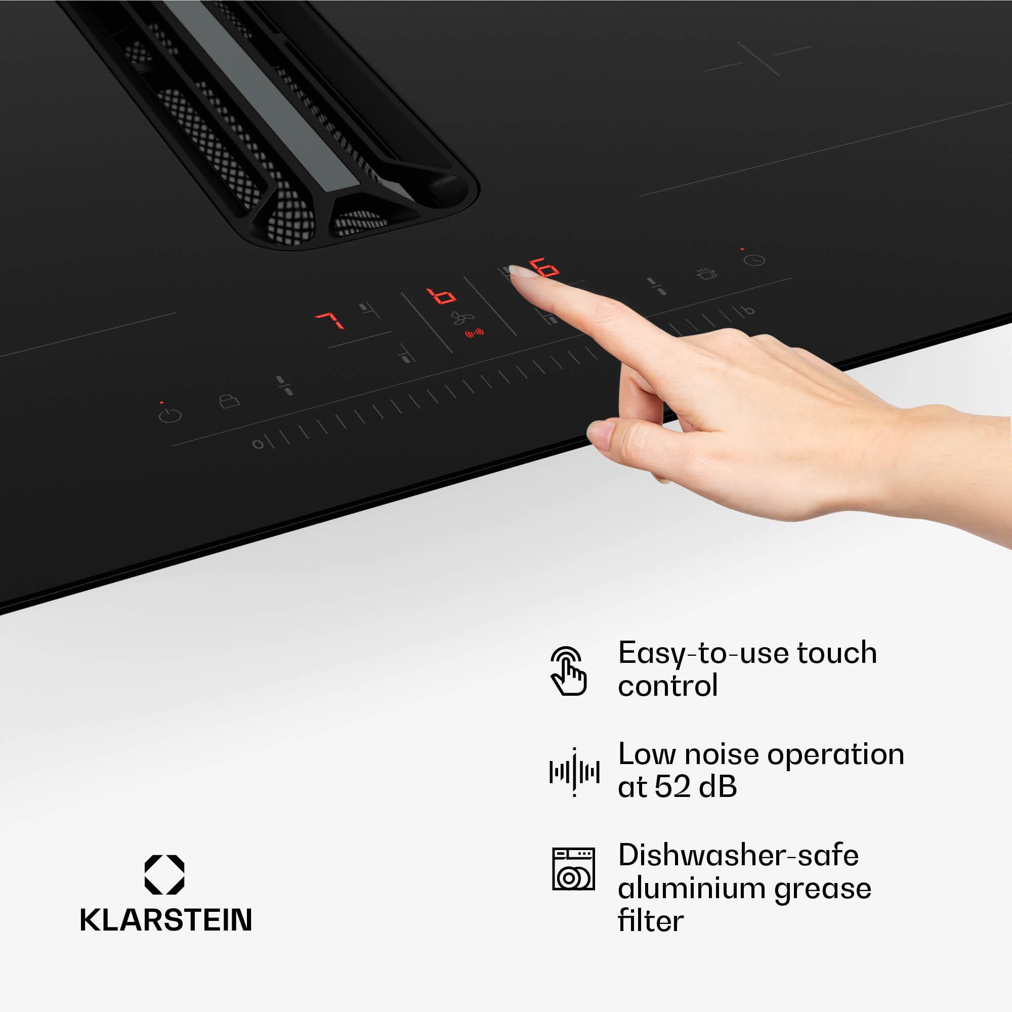 Klarstein AirJet Basic Płyta indukcyjna z okapem - Moc 10 kW, Boost 600 m³/h, Klasa energetyczna A+, Cicha 52 dB, Panel dotykowy, 9 stopni, Filtr aluminiowy, Czarna