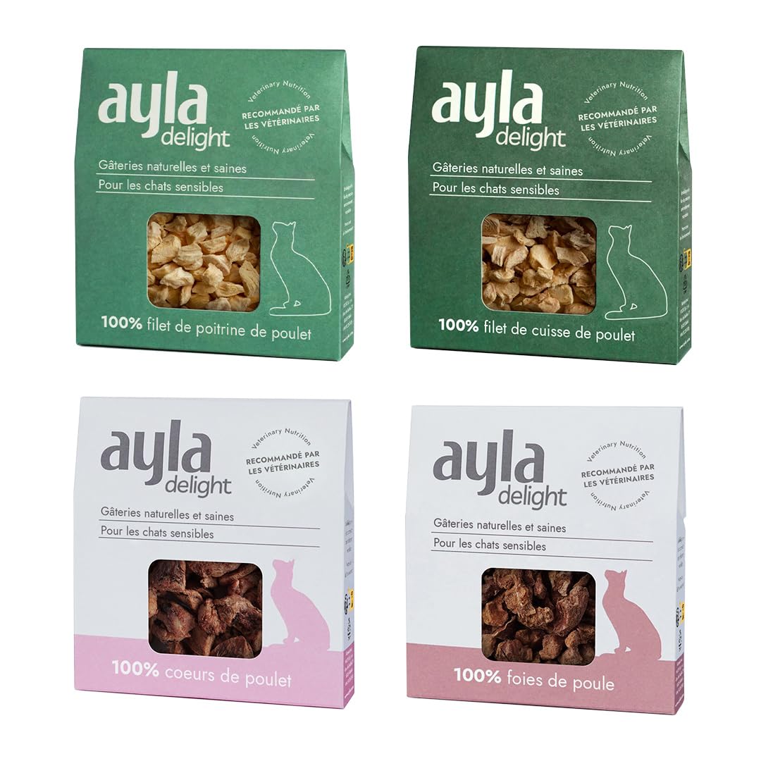 AYLA Lot de 5 paquets de friandises pour chat lyophilisées de qualité supérieure - Riche en protéines - Booster vital pour le pelage et les muscles - Pour chatons et chats adultes (140 g, mélange de