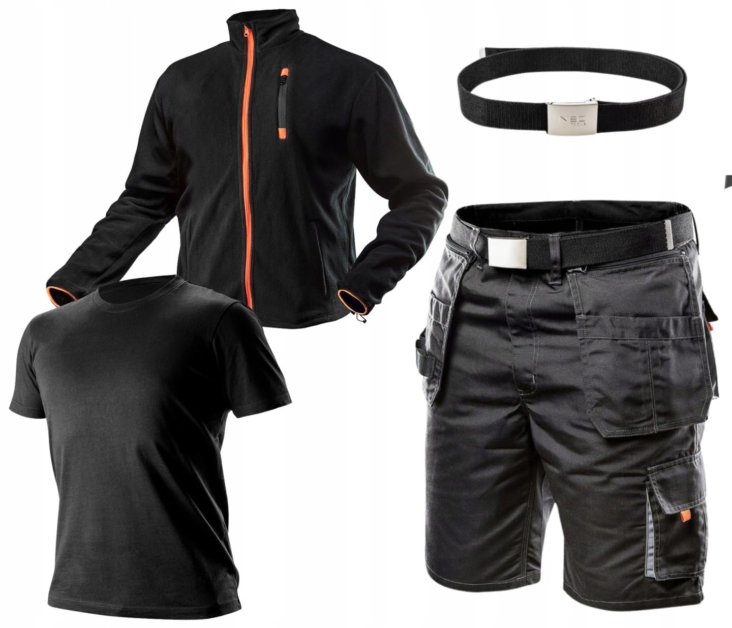 NEO TOOLS Herren Satz Kurze Arbeitshose + Fleece-Arbeitsjacke und T-shirt | Hosengürtel Gr. S - XXL, Modisches Design, Strapazierfähige Arbeitshose, Für den Sommer