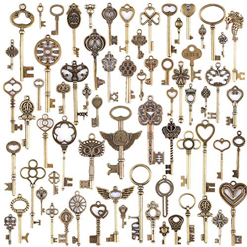 KeyZone Wholesale 69 Pieces Large Antique Bronze Vintage Skeleton Mixed Key Charms Necklace Pendant for DIY Jewelry Making