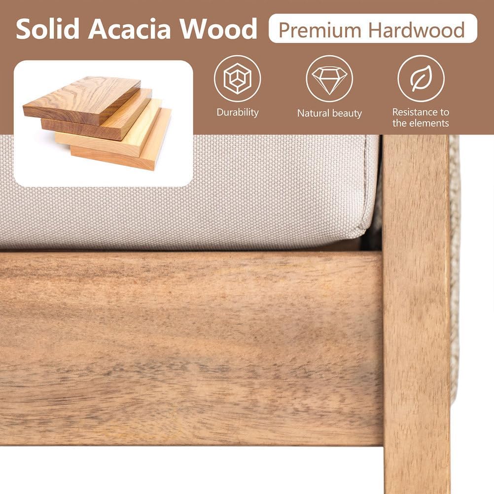 2 Piece Outdoor Patio Furniture Set, Acacia Wood Loveseat & Coffee Table Set with Rope Woven Backrest & Cushions for Backyard Balcony Deck Garden Conversation Seating