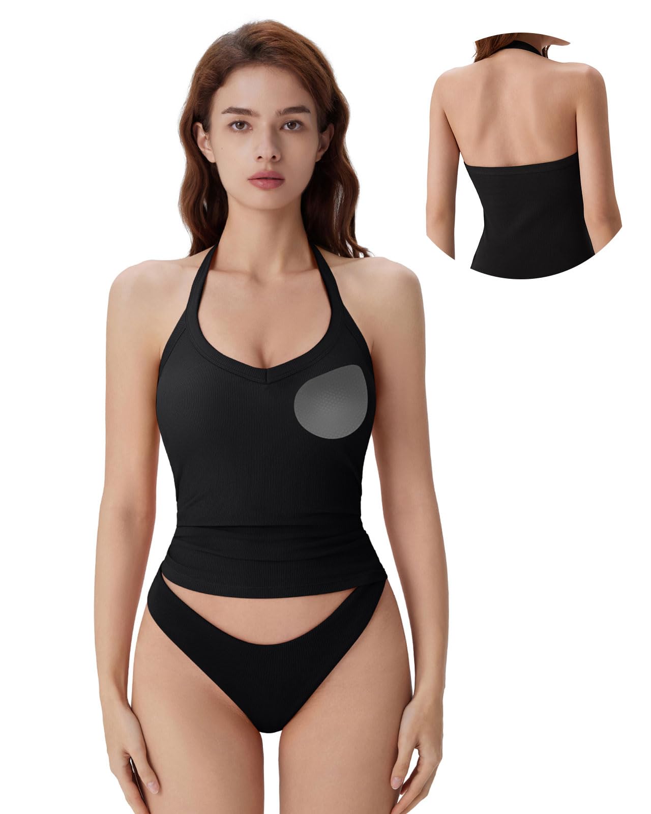 Photo 1 of SUUKSESS Women Halter Tank Top with Built in Bra Cotton Ribbed V Neck Fitted Basic Going Out Summer Tops (Black,XL)