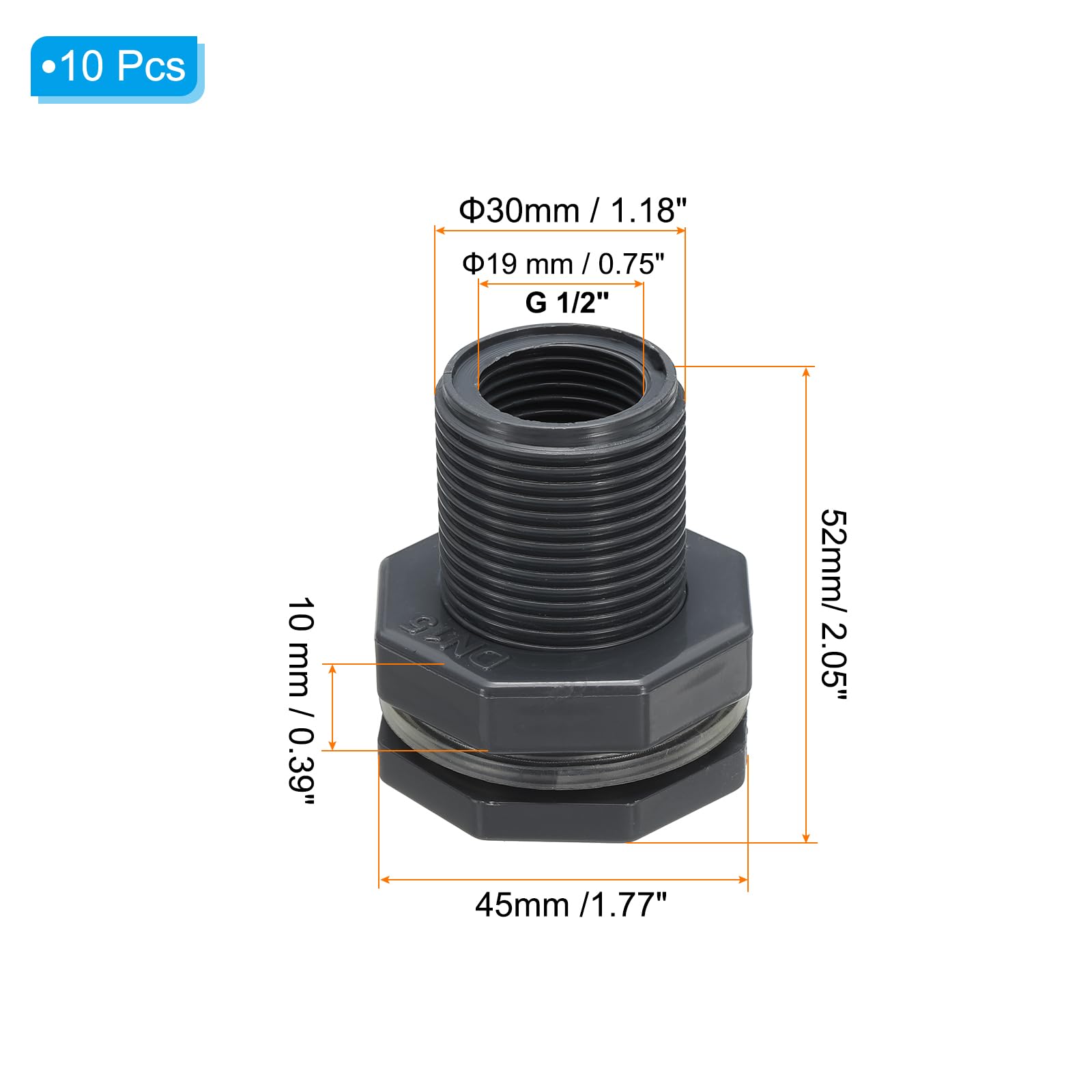 PATIKIL PVC Bulkhead Fitting G 1/2, 10 Pcs Double Threaded Bulkhead Water Tank Connector with PVC Seal Gasket for Rain Bucket, Sinks, Aquariums, Grey - Image 2
