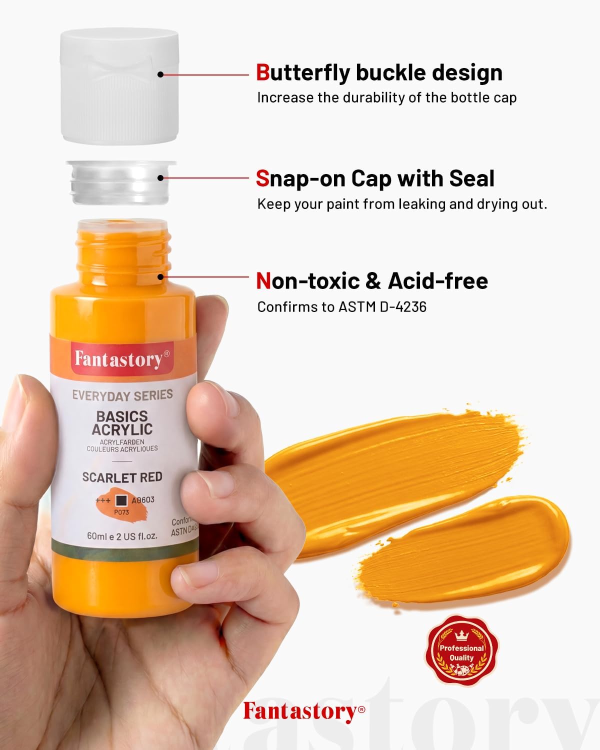 Fantastory Acrylic Paint Set, 36 Colors (2oz/60ml) with 16-Piece Kit (12 Brushes, Color Chart, Palette, Scraper, Sponge) – Includes 3 Metallic Colors. Non-toxic & waterproof paint for wood, pumpkin, rock, canvas, clay. Great for artists, DIY crafts & 3D printing.