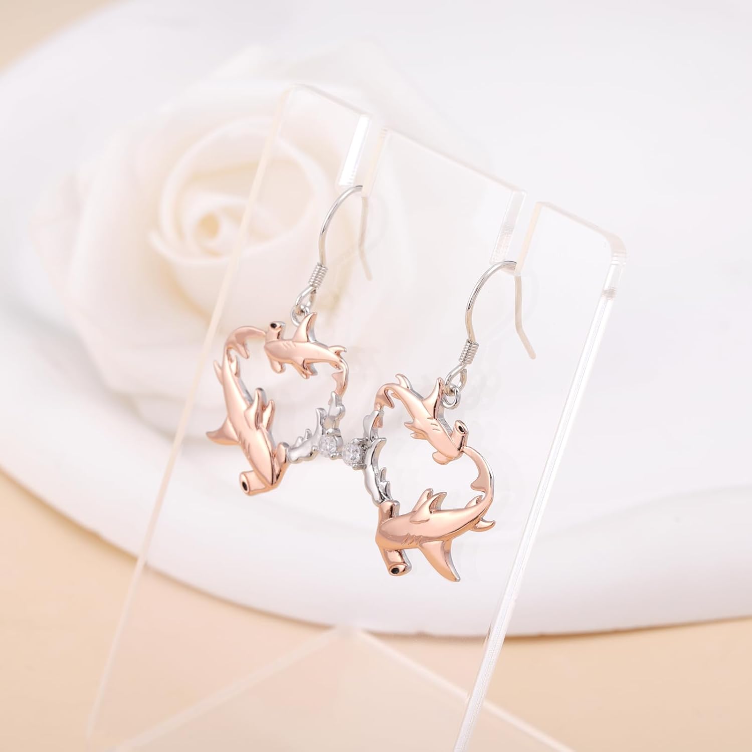 Hammerhead Shark Dangle Earrings - Silver Hypoallergenic Cute Hammerhead Shark Mother Calf Earrings Ocean Jewelry Gifts for Fish Animal Lovers - Image 2