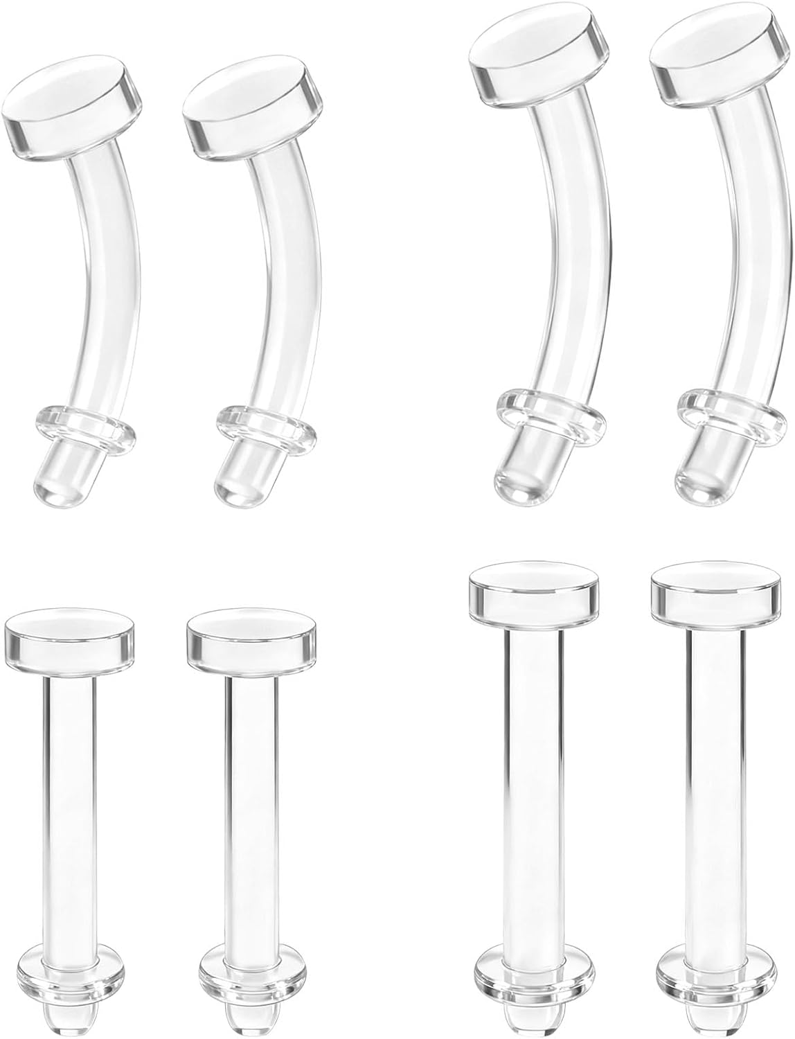 ZS 4 Pairs Clear Straight Curved Barbells, Plastic Eyebrow Piercing Belly Lip Piercing Retainers Bioflex Acrylic Daith Rook Earrings For Surgery Mri Work 16G 14G