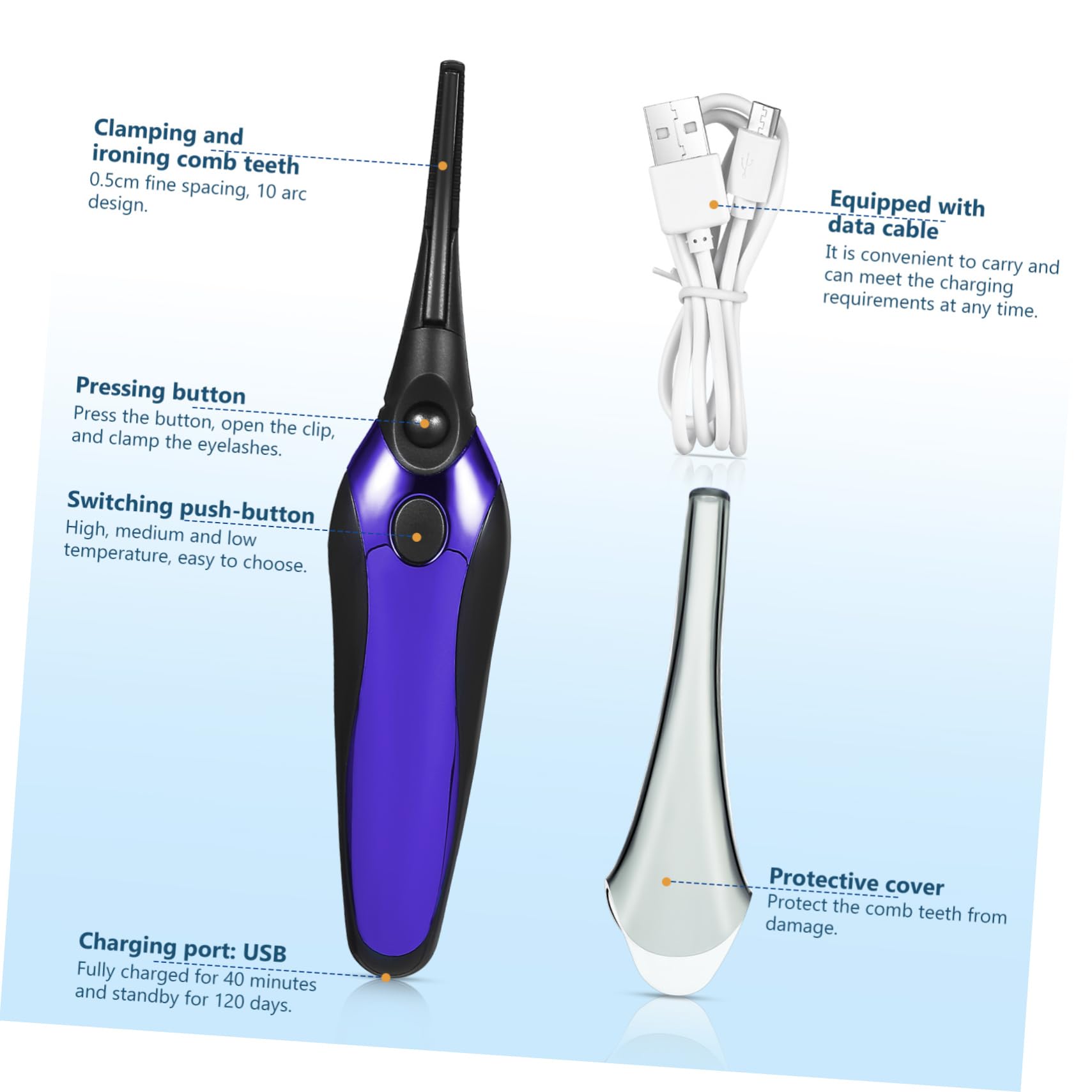 FRCOLOR Rechargeable Heated Eyelash Curler Wand Portable Handheld Lash Curler with Temperature Settings for Natural Curls Makeup Tool for Travel and Daily Use