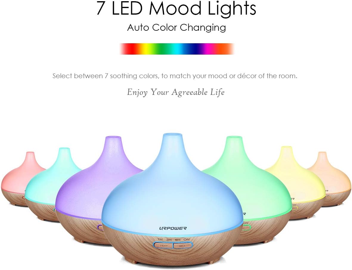 URPOWER Aromatherapy Essential Oil Diffuser, 300ml Wood Grain Ultrasonic Cool Mist Whisper-Quiet Humidifier with Night Light & 4 Timer Settings, Waterless Auto Shut-Off for Home Office Yoga Spa