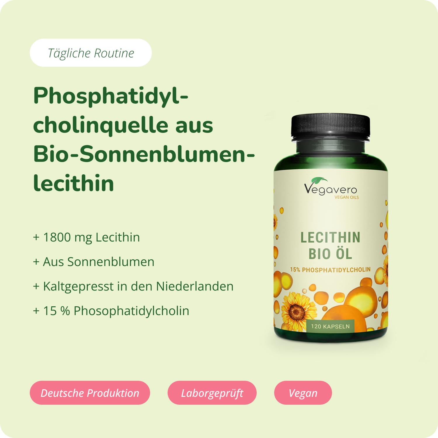 Vegavero Bio Lecithin Öl Kapseln 120 Stück - 1800 mg Sonnenblumenlecithin mit 15% Phosphatidylcholin - carrageenfrei - Lecithin Kapseln vegan & laborgeprüft