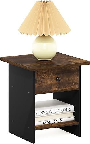 Furinno Dario - Mesa auxiliar  estante de almacenamiento de noche con cajón de contenedor, pino ámbarnegro, 1 paquete, contenedor superior