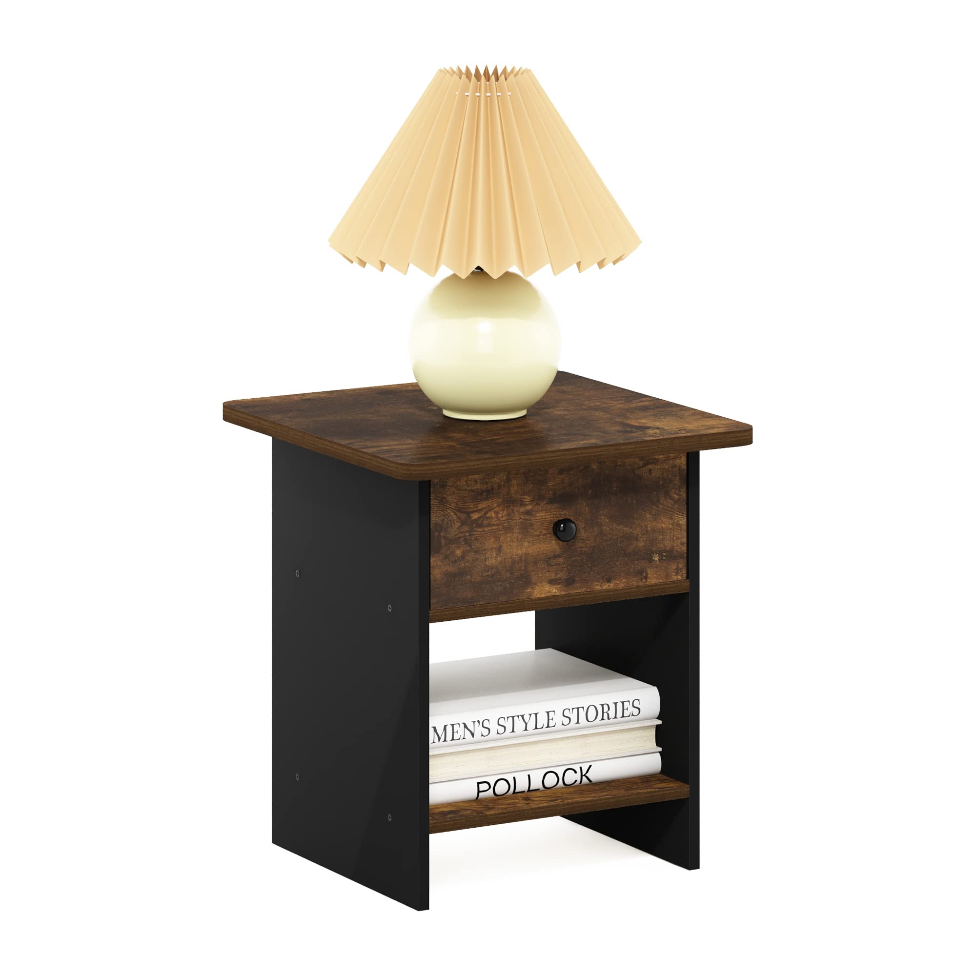 Furinno DARIO Side Table, Square End Table with Storage Bin, Round Corner Night Stand, Bedside Table with Open Back Shelf, for Living Room, Bedroom, Amber Pine