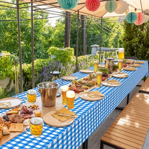 Image of 12 Pack Blue and White Plastic Checkered Tablecloth, Premium Decorative Disposable Blue Gingham Plaid Table Cloths for Parties, Rectangle Party Table Cover for Picnic Farm Birthday Wedding, 54x108Inch