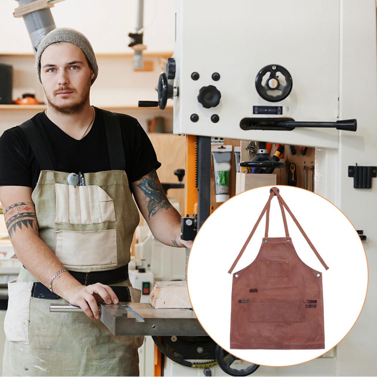 Waxed Canvas Work Apron with Cross-back Straps Heavy-duty Tool Apron for Woodworking Gardening and Hair Styling Durable Multi-pocket Design