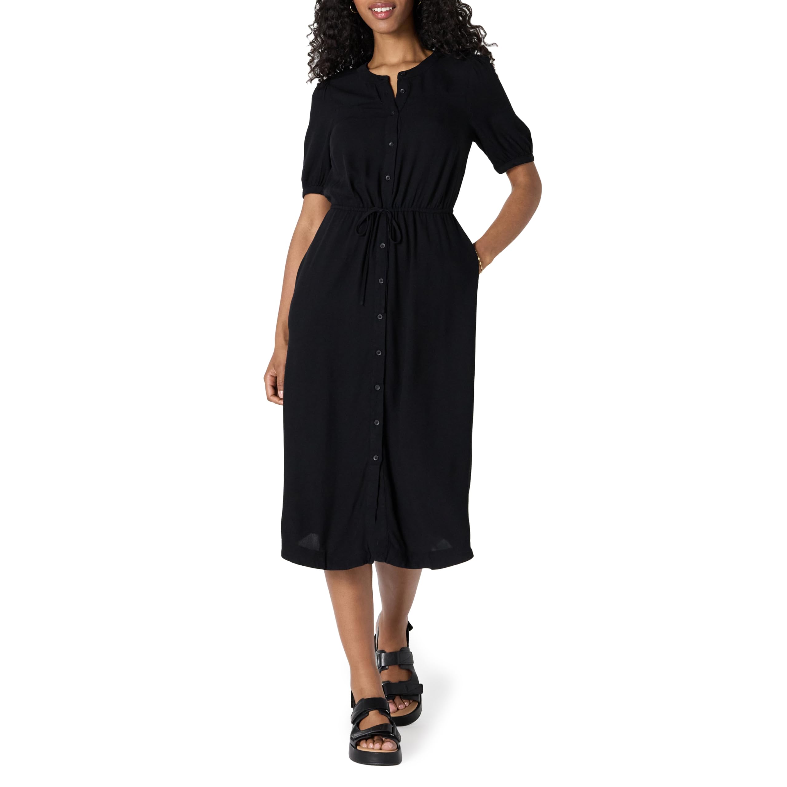 Women's Relaxed Fit Half-Sleeve Waisted Midi A-Line Dress