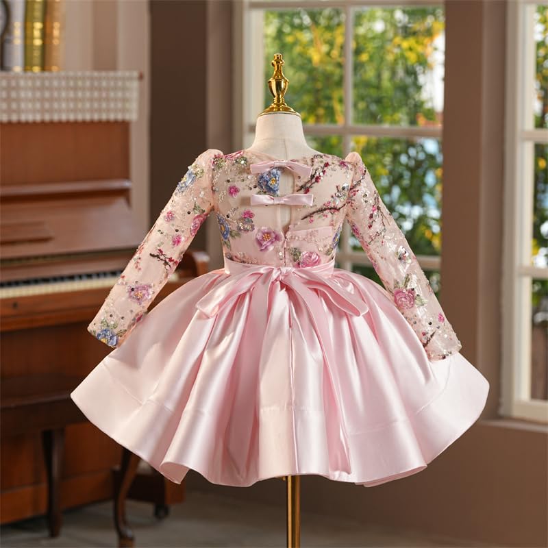 Pink Embroidered Lace Flower Girl Dress Long Sleeve Toddler Knee Length Birthday Formal Dance Wedding Gowns3