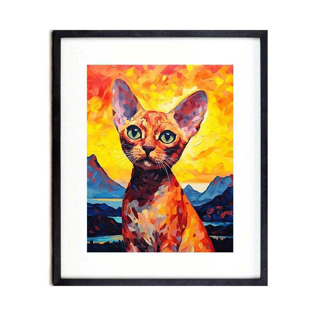 Bestbuddy Pet 11X14 Unframed Starry Night Van Gogh Inspired Devon Rex Cat Mountains Nature Pet Family Oil Painting Art Print Poster Wall Decor AP095