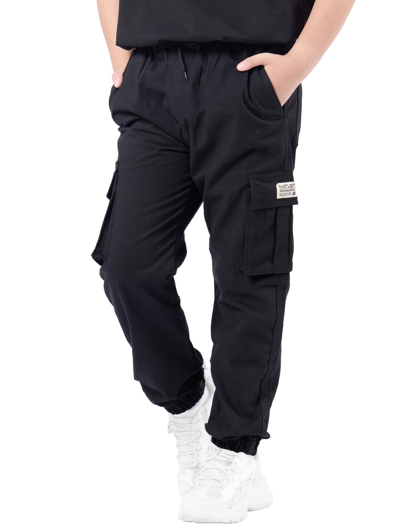 NATUST Boys Cargo Joggers Drawstring Jogging Pants Kids Elastic Waist Trousers 5-14 Years