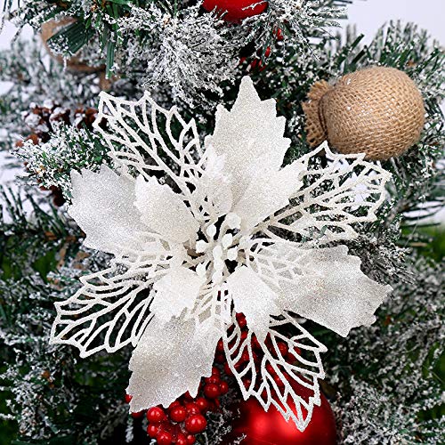 Yueshop 10 PCS Christmas Flowers Large (15CM) Poinsettia Glitter Flower Christmas Tree Hanging Party Xmas Decor (White)