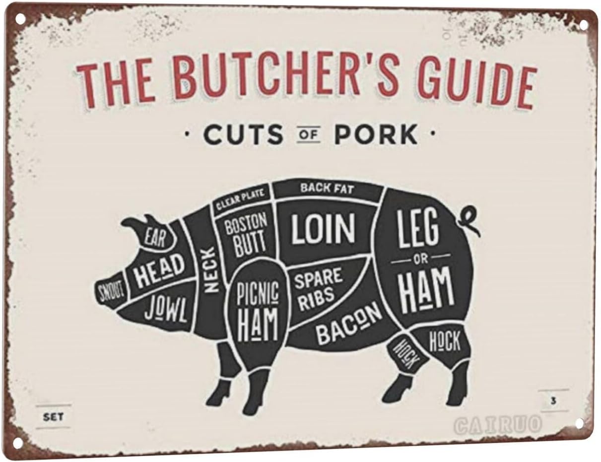 Butcher's Guide Curts of Pig Metal Tin Sign Family Farmhouse Wall Kitchen Decoration 8x12 Inches (Curts of Pig)