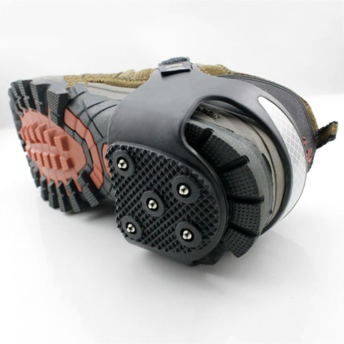 Housoutil Ramponi da Ghiaccio Nero 5 Denti in Silicone Design Strisce Riflettenti, Protezione Antiscivolo 1 Paio per Scarpe da Escursionismo e Alpinismo per Terreni Ghiacciati e Innevati