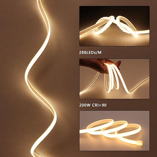 Miniatura 3 de BENLUN AC 110V COB LED tira 65.6ft blanco cálido 3000K impermeable IP65 ultra brillante neón LED tira 320 LEDsM silicona LED cuerda luces patio