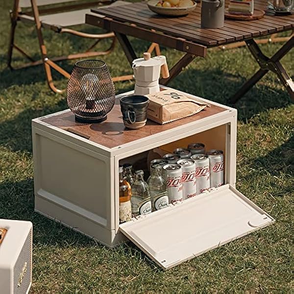 YCYUYK Opvouwbare opbergbak met houten deksel - grote capaciteit - opening aan de voor- en achterkant - stapelbare plastic opvouwbare opbergcontainers voor kofferbak, camping, picknick 【wit 40L】