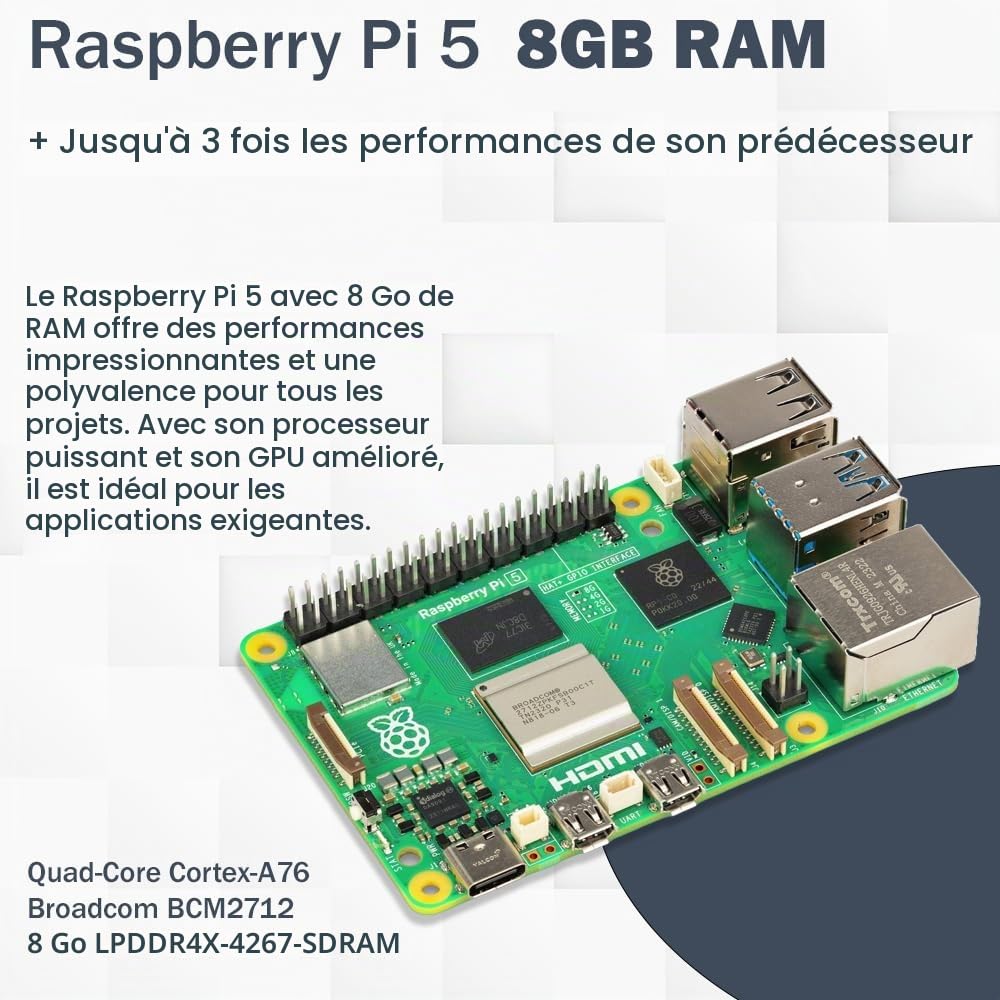 Raspberry Pi 5 Kit de démarrage 8 Go noir | Bloc d'alimentation USB-C 45 W | Boîtier avec ventilateur | Carte SD Ultra 64 Go | Câble Micro HDMI 4K | Dissipateur thermique | Raspberry Pi 5 8 Go de RAM