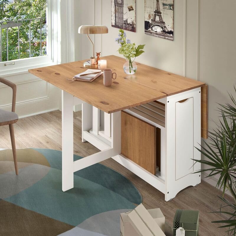 Buyqualia Set de Mesa Plegable con Tapa Color safir y Patas Blancas + 4 sillas Plegables – con alas abatibles y Espacio de almacenaje para Las sillas - 115x95x76 cm