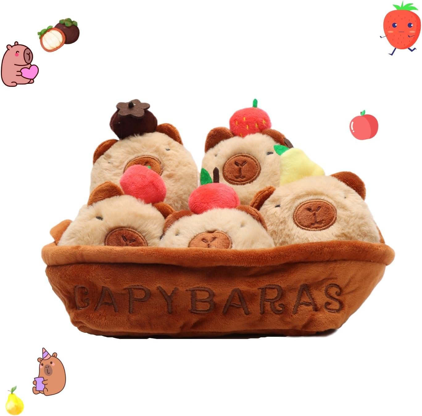Capybara Plush Toy Set with Fruit, 5pcs Cute Capybaras Stuffed Animal in Basket, 7.87in Interactive Plush Animals, Soft Kawaii Gifts for Kids & Friends – Birthday, Christmas, Holiday Decor