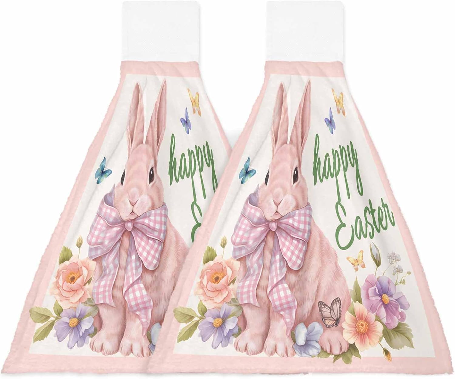 Easter Rabbits Kitchen Hand Towels with Hanging Loops Set of 2 Spring Floral Cute Bunny Butterflies Pink Soft Thick Oven Fingertip Dry Microfiber Tie Dish Towel Absorbent Cleaning Washcloth