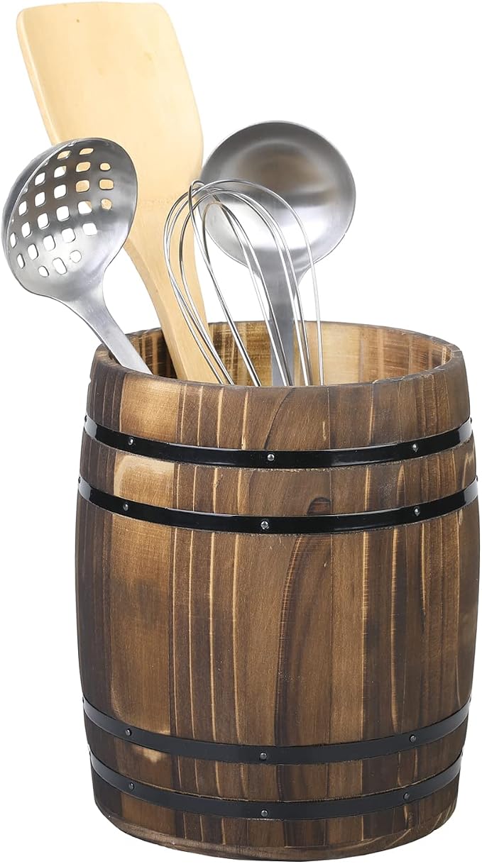 MyGift Wine Barrel Design Kitchen Utensil Crock, Vintage Gray Solid Wood Cooking Tool Holder