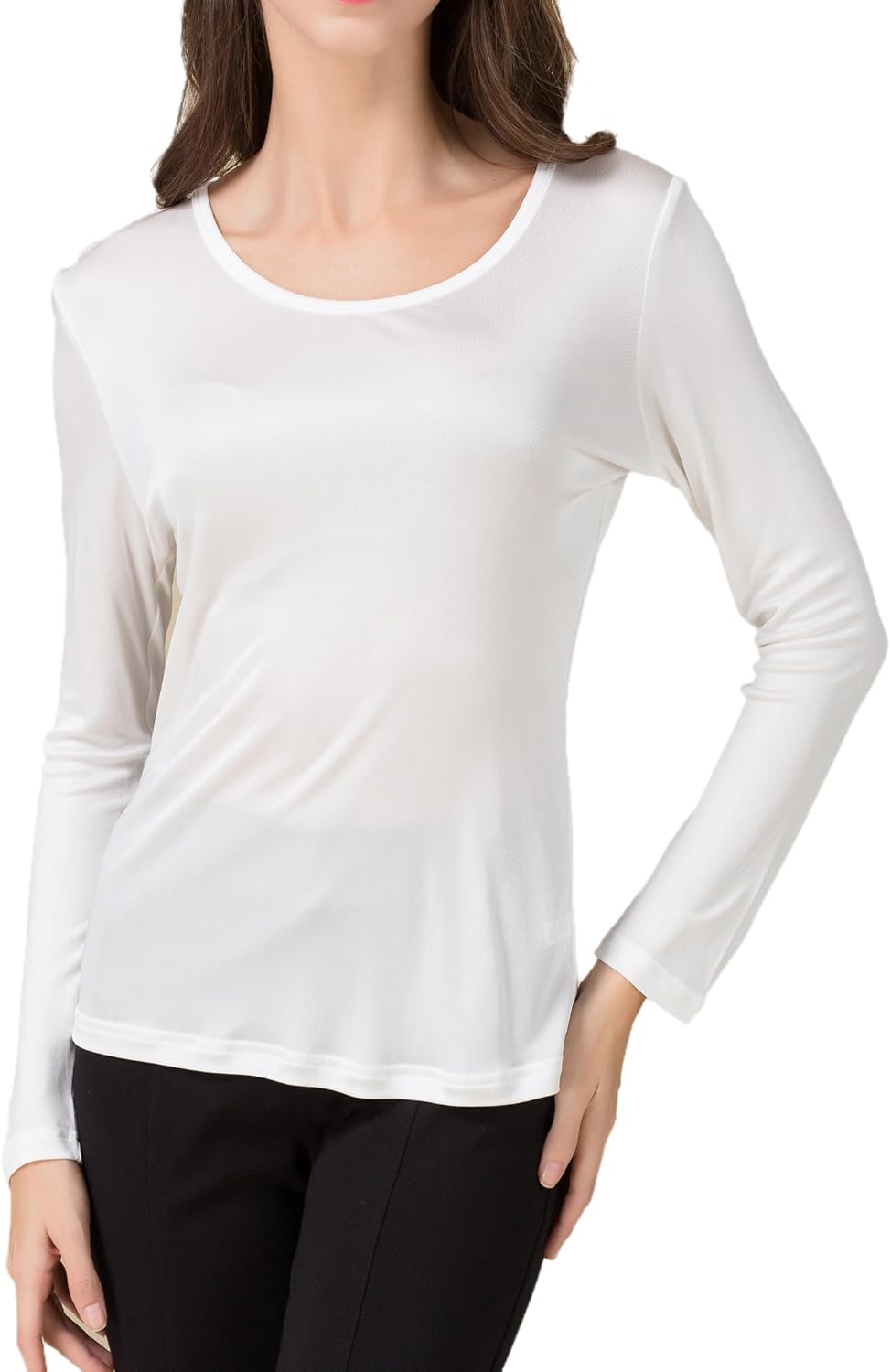 Women's Mulberry Silk Thermal Shirts Knit Silk Round Neck Top Pullover Base Layer Undershirts Blouse Tops
