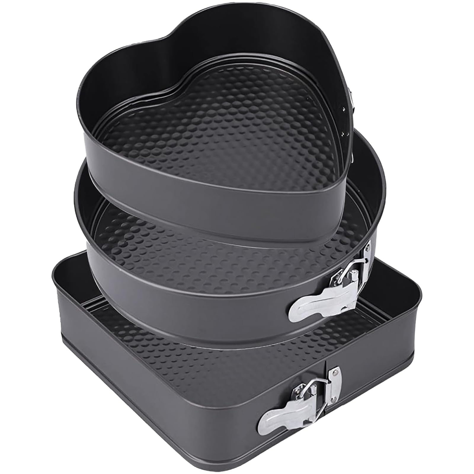 Springform Cake Tin Set of 3, Non-Stick & Removable Bottom - 20cm Heart, 22cm Round, 24cm Square Baking Tins for Cheesecake, Bread & Pizza