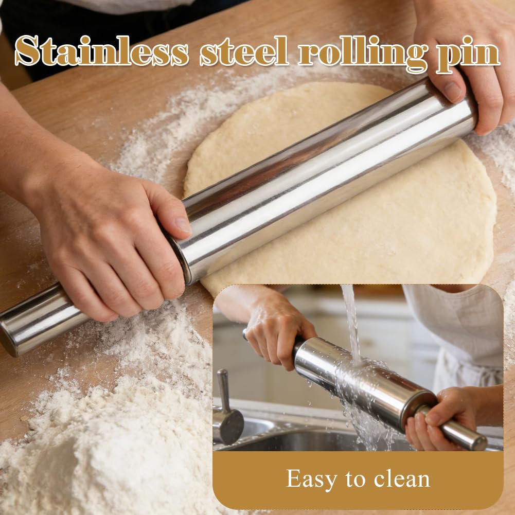 Mattarello in Acciaio Inossidabile, 43 cm con Superficie Antiaderente, Rullo per Pizza, Fondente, Torte e Altro, Igienico e Lavabile in Lavastoviglie