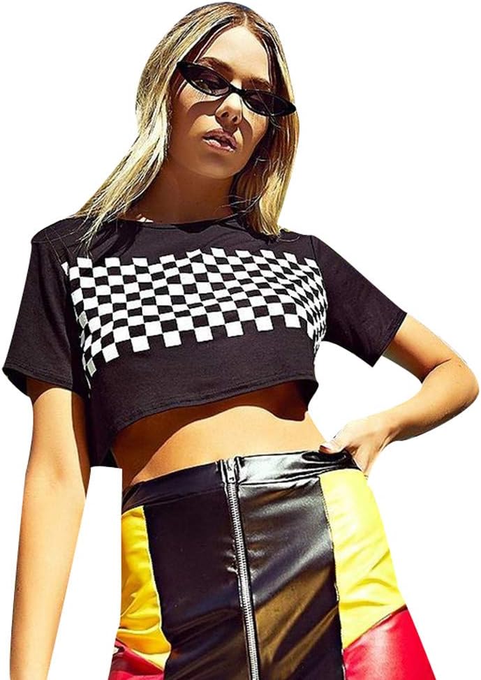 Azigongyey Women Checkerboard Print Loose Black O-Neck Plaid T-Shirt Streetwear Crop Top (S)