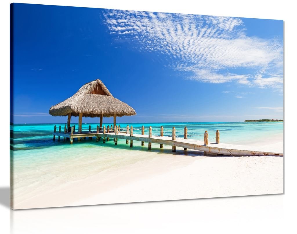 Beautiful Tropical White Sandy Beach Dominican Republic Nature Seascape Coast Canvas Wall Art Picture Print (24X16)