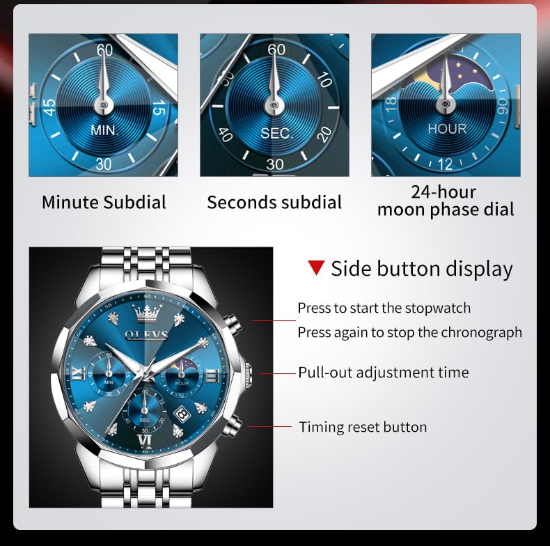 Image of OLEVS Watch for Men Luxury Gold Diamond Chronograph Business Wristwatch with Analog Quartz, Date Calendar, Stainless Steel Band, Luminous Hands, Waterproof