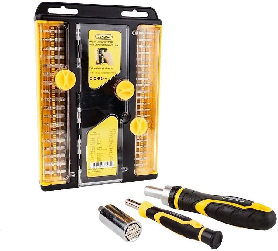 General Tools Ratcheting Screwdriver #WS-0201, 44 Piece Multibit Set with Universal Wrench Head, Yellow